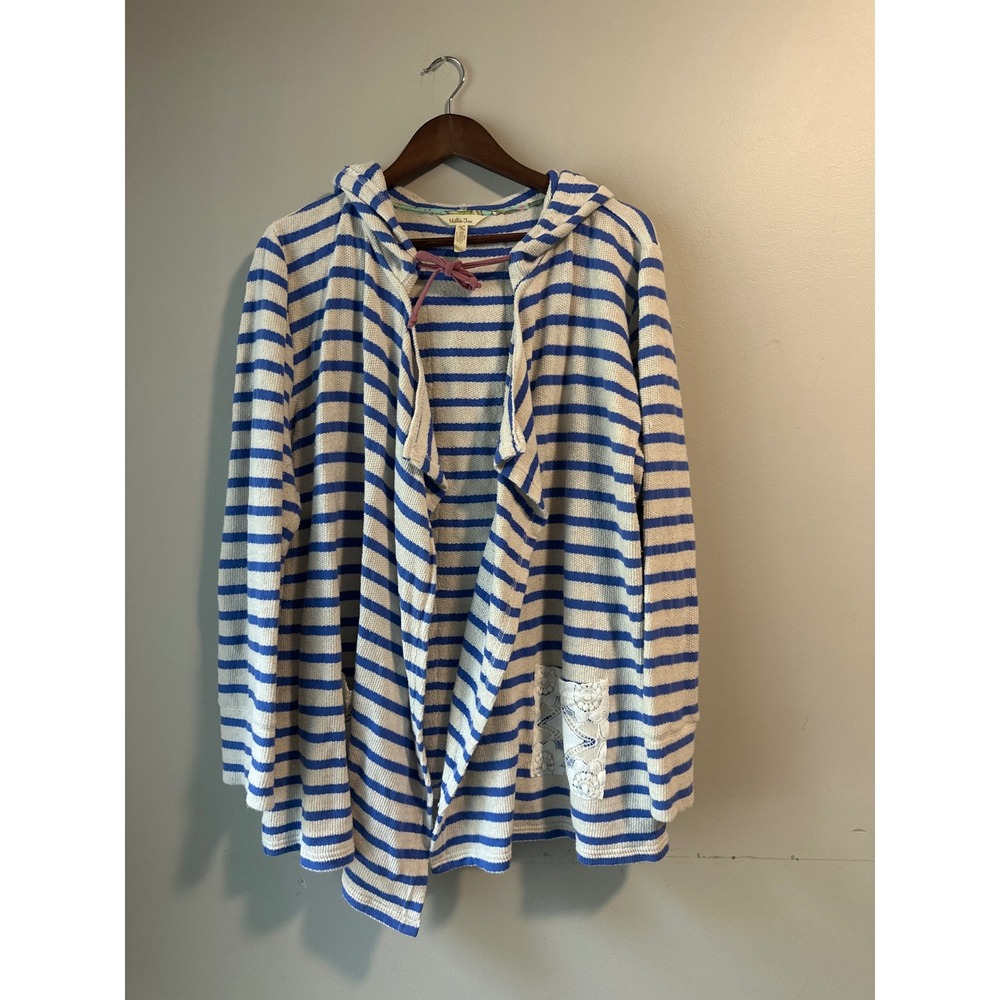 Matilda Jane Blue White Striped Lace Back Hooded Coastal Cottage Cardigan XL